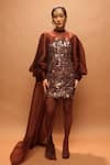 Shop_Pankaj & Nidhi_Brown Tulle, Crepe Applique, Sequins High Neck Araquis Cinnamon Haze Dress _at_Aza_Fashions