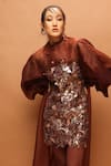 Shop_Pankaj & Nidhi_Brown Tulle, Crepe Applique, Sequins High Neck Araquis Cinnamon Haze Dress _Online_at_Aza_Fashions