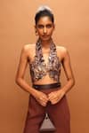 Pankaj & Nidhi_Brown Crepe Araquis Terra Gleam Harness Embellished Top And Skirt Set _Online_at_Aza_Fashions