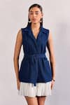 Buy_Zazu_Blue Denim Buckles Collared Sleeveless Dress With Belt _at_Aza_Fashions