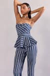 Zazu_Blue Cotton Bandeau Neck Striped Peplum Top And Pant Set _Online_at_Aza_Fashions