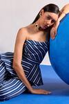 Zazu_Blue Cotton Bandeau Neck Striped Peplum Top And Pant Set _at_Aza_Fashions