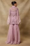Shop_Awigna_Pink Organza, Net Sequins, Embroidery V-neck, Collared Peplum Top Gharara Set _at_Aza_Fashions