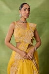 Buy_Awigna_Yellow Georgette, Net Embroidery, Zari, Sequins, Pre-draped Saree And Blouse Set _Online_at_Aza_Fashions