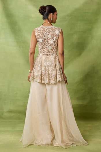 Shop_Awigna_Ivory Organza, Net Embroidery V-neck Claret Peplum Kurta Sharara Set _at_Aza_Fashions