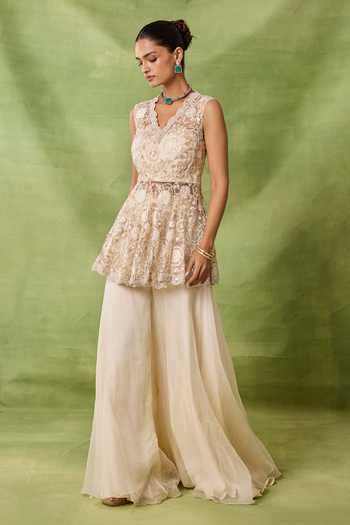 Awigna_Ivory Organza, Net Embroidery V-neck Claret Peplum Kurta Sharara Set _Online_at_Aza_Fashions