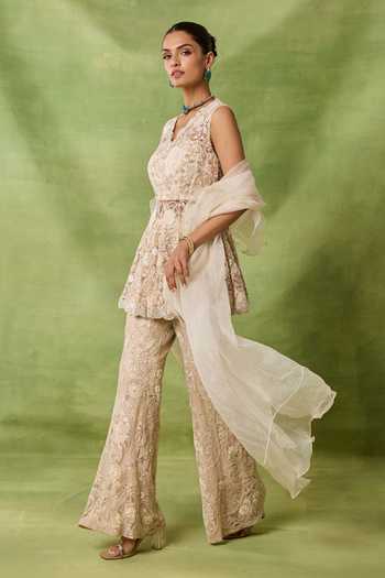 Awigna_Ivory Net, Organza Embroidery, Sequins V-neck Cerise Peplum Kurta Set _Online_at_Aza_Fashions