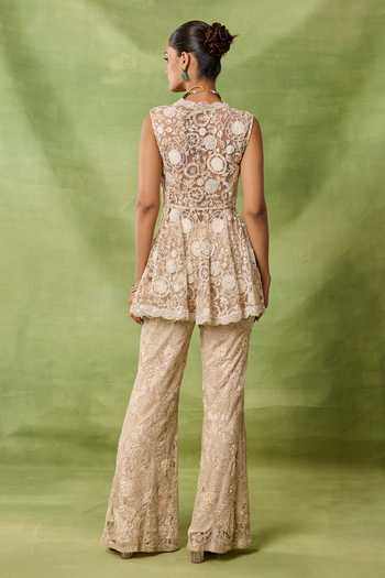 Shop_Awigna_Ivory Net, Organza Embroidery, Sequins V-neck Cerise Peplum Kurta Set _at_Aza_Fashions