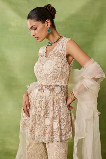 Buy_Awigna_Ivory Net, Organza Embroidery, Sequins V-neck Cerise Peplum Kurta Set _Online_at_Aza_Fashions