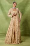 Buy_Awigna_Beige Net, Organza Embroidery, Sequins, Mirrors Open Poland Jacket Lehenga Set _at_Aza_Fashions