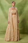 Buy_Awigna_Beige Net, Organza Embroidery, Sequins, Mirrors Open Poland Jacket Lehenga Set _Online_at_Aza_Fashions