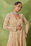 Shop_Awigna_Beige Net, Organza Embroidery, Sequins, Mirrors Open Poland Jacket Lehenga Set _Online_at_Aza_Fashions