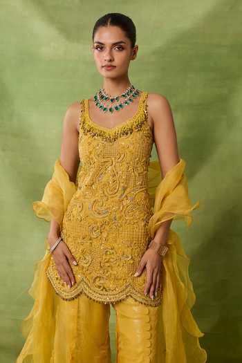 Awigna_Yellow Net, Organza Tassels, Embroidery Round Neck Aadab Kurta Sharara Set _Online_at_Aza_Fashions