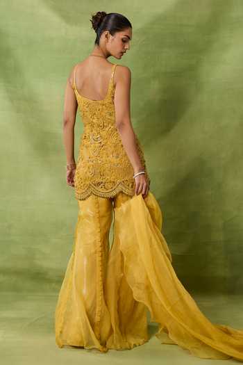 Shop_Awigna_Yellow Net, Organza Tassels, Embroidery Round Neck Aadab Kurta Sharara Set _at_Aza_Fashions