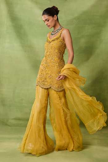 Shop_Awigna_Yellow Net, Organza Tassels, Embroidery Round Neck Aadab Kurta Sharara Set _Online_at_Aza_Fashions
