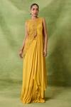 Buy_Awigna_Yellow Chiffon, Net Embroidery, Sequins, Beads Azhar Blouse And Draped Saree Set _at_Aza_Fashions