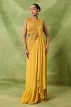 Shop_Awigna_Yellow Chiffon, Net Embroidery, Sequins, Beads Azhar Blouse And Draped Saree Set _at_Aza_Fashions