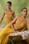 Shop_Awigna_Yellow Chiffon, Net Embroidery, Sequins, Beads Azhar Blouse And Draped Saree Set _Online_at_Aza_Fashions