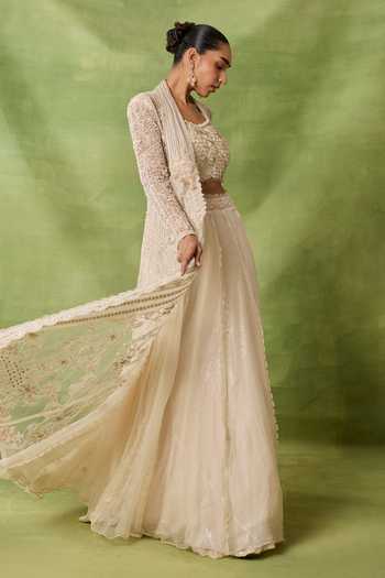 Buy_Awigna_Ivory Organza, Net Embroidery, Sequins Scoop Neck, Zircon Jacket Lehenga Set _Online_at_Aza_Fashions