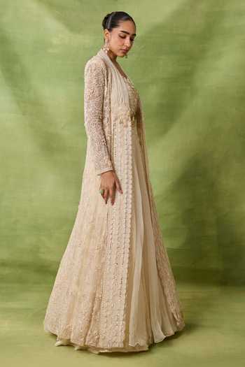 Shop_Awigna_Ivory Organza, Net Embroidery, Sequins Scoop Neck, Zircon Jacket Lehenga Set _at_Aza_Fashions