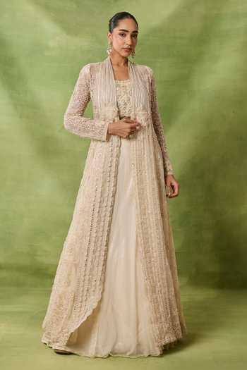 Buy_Awigna_Ivory Organza, Net Embroidery, Sequins Scoop Neck, Zircon Jacket Lehenga Set _at_Aza_Fashions