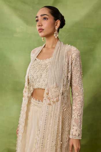 Shop_Awigna_Ivory Organza, Net Embroidery, Sequins Scoop Neck, Zircon Jacket Lehenga Set _Online_at_Aza_Fashions
