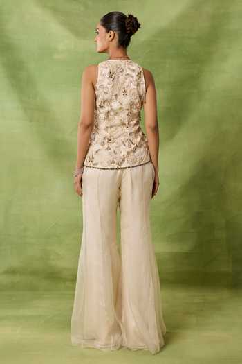 Shop_Awigna_Ivory Organza, Net Embroidery, Beads, Tassels, Sequins Uzma Kurta With Sharara _at_Aza_Fashions