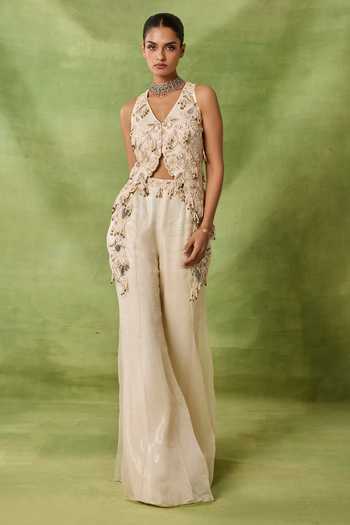 Awigna_Ivory Organza, Net Embroidery, Beads, Tassels, Sequins Uzma Kurta With Sharara _Online_at_Aza_Fashions