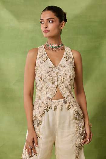 Buy_Awigna_Ivory Organza, Net Embroidery, Beads, Tassels, Sequins Uzma Kurta With Sharara _Online_at_Aza_Fashions