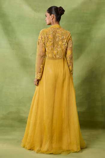 Shop_Awigna_Yellow Organza, Net Embroidery, Beads, Sequins Open Fluroite Jacket Sharara Set _at_Aza_Fashions