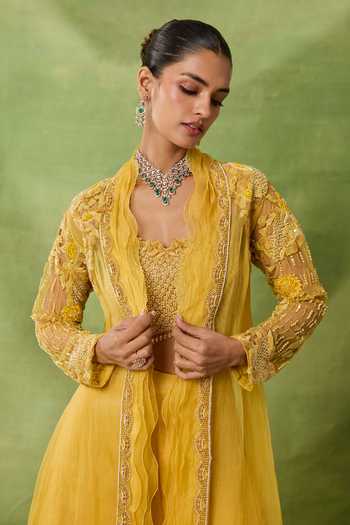 Awigna_Yellow Organza, Net Embroidery, Beads, Sequins Open Fluroite Jacket Sharara Set _Online_at_Aza_Fashions