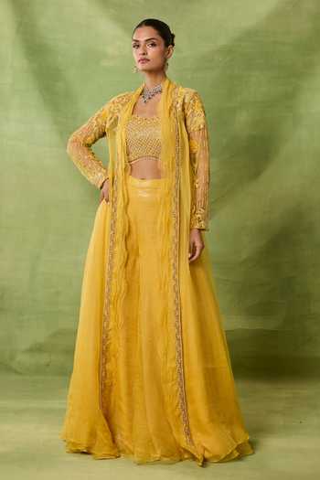 Buy_Awigna_Yellow Organza, Net Embroidery, Beads, Sequins Open Fluroite Jacket Sharara Set _at_Aza_Fashions