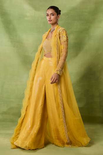 Buy_Awigna_Yellow Organza, Net Embroidery, Beads, Sequins Open Fluroite Jacket Sharara Set _Online_at_Aza_Fashions