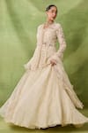 Awigna_Ivory Organza, Net Embroidery, Sequins, Caramine Peplum Kurta Lehenga Set _Online_at_Aza_Fashions