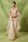 Buy_Awigna_Ivory Organza, Net Embroidery, Beads, Cut Navratna Peplum Kurta Sharara Set _at_Aza_Fashions