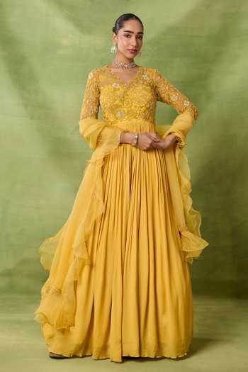 Buy_Awigna_Yellow Chiffon, Net Embroidery, Sequins, Pearl Yoke Anarkali With Dupatta _at_Aza_Fashions
