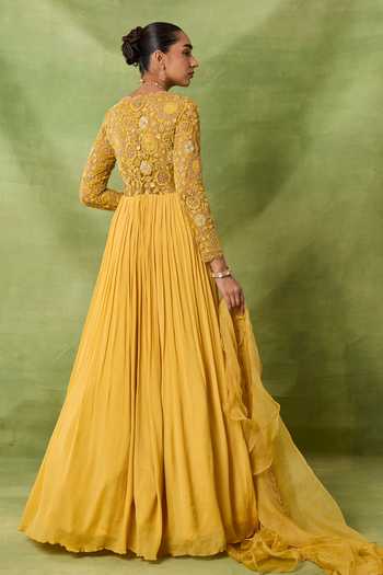 Shop_Awigna_Yellow Chiffon, Net Embroidery, Sequins, Pearl Yoke Anarkali With Dupatta _at_Aza_Fashions