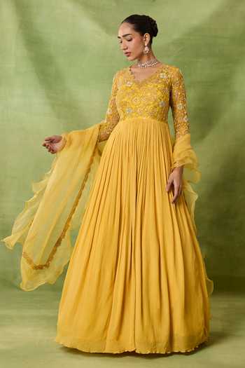 Awigna_Yellow Chiffon, Net Embroidery, Sequins, Pearl Yoke Anarkali With Dupatta _Online_at_Aza_Fashions