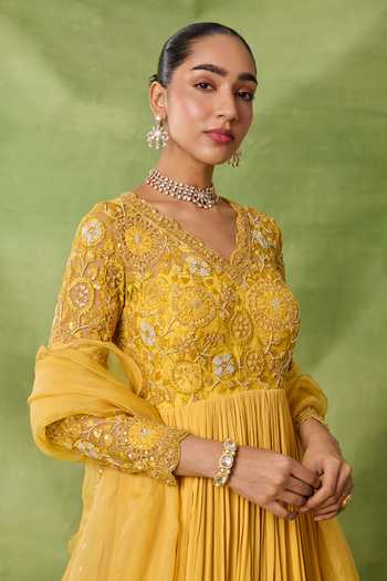 Buy_Awigna_Yellow Chiffon, Net Embroidery, Sequins, Pearl Yoke Anarkali With Dupatta _Online_at_Aza_Fashions