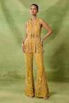 Buy_Awigna_Yellow Net Embroidery, Beads, Sequins V-neck, Emerald Peplum Top And Pant Set _at_Aza_Fashions