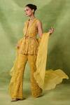 Awigna_Yellow Net Embroidery, Beads, Sequins V-neck, Emerald Peplum Top And Pant Set _Online_at_Aza_Fashions