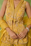 Buy_Awigna_Yellow Net Embroidery, Beads, Sequins V-neck, Emerald Peplum Top And Pant Set _Online_at_Aza_Fashions