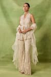 Buy_Awigna_Ivory Organza, Net Embroidery, Beads, Ruffles High Emerald Peplum Top Pant Set _Online_at_Aza_Fashions