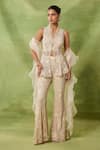 Buy_Awigna_Ivory Organza, Net Embroidery, Beads, Ruffles High Emerald Peplum Top Pant Set _at_Aza_Fashions