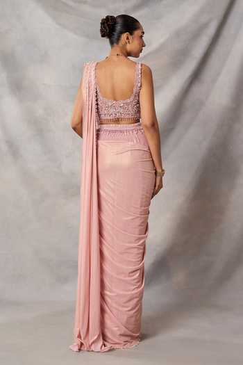 Shop_Awigna_Pink Georgette, Satin Sequins, Emma Embroidered Blouse And Pre-draped Saree Set _at_Aza_Fashions