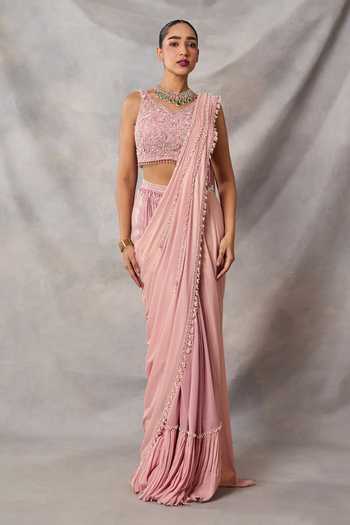 Buy_Awigna_Pink Georgette, Satin Sequins, Emma Embroidered Blouse And Pre-draped Saree Set _at_Aza_Fashions
