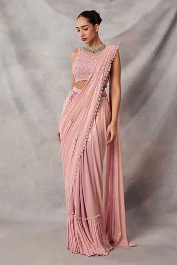 Awigna_Pink Georgette, Satin Sequins, Emma Embroidered Blouse And Pre-draped Saree Set _Online_at_Aza_Fashions