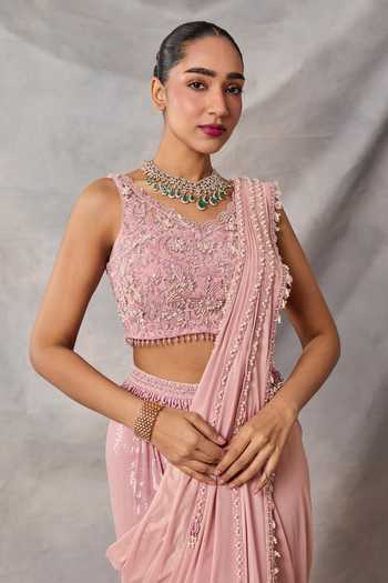 Buy_Awigna_Pink Georgette, Satin Sequins, Emma Embroidered Blouse And Pre-draped Saree Set _Online_at_Aza_Fashions