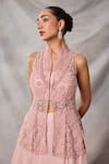 Buy_Awigna_Pink Organza, Net Embroidery, Beads, Sequins, Ebonee Peplum Top Skirt Set _Online_at_Aza_Fashions