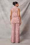 Shop_Awigna_Pink Organza, Net Embroidery, Sequins, Beads, Emerald Peplum Top Pant Set _at_Aza_Fashions